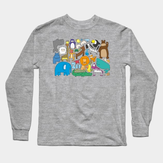 Zoo Animal Hand DRawn Long Sleeve T-Shirt by Mako Design 